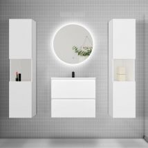 Biubiubath - Ensemble meuble blanc et vasque L.60cm 2 tiroirs + colonne2 haut + lavabo + miroir 60x60cm-suspendu
