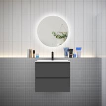 Biubiubath - Meuble de salle de bain à 2 tiroirs avec lavabo et miroir rond multifonctionnel led - anthracite L.60cm suspendu