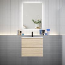 Biubiubath - Meuble de salle de bain à deux tiroirs avec lavabo et miroir led antibuée - chêne L.60cm suspendu