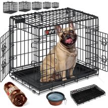 Cage pour chien pliable Cage de transport pour chien avec couverture polaire + gamelle Cage pour chien avec 2 portes Cage de transport pour voiture