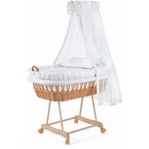 Waldin - Landau/berceau bébé, beaucoup modèles, complet:blanc/pois gris, Cadre naturel