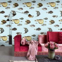 Blaue Meeres-tapete Für Wohnzimmer Und Flur Mit Tropischen Fischen
