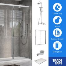 Synergy - Bleu Sliding Chrome Door, Tray, Waste & Trisen Square Shower Set 1000 x 800mm