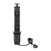 Bloc multiprise escamotable, 3 prises schuko (type f), 2 ports usb, diamètre 71 mm, usage intérieur, noir/gris - Perel