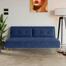 Roomee - Blue Large Velvet Foldable 2 Seater Sofa Bed with Metal Legs