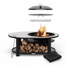 Salon de jardin exterieur 3 en 1 - foyer, table, gril avec espace rangement bouclier thermique - avec grille, tisonnier, pare-etincelles, housse