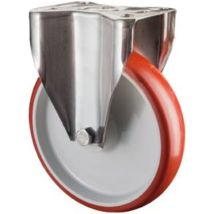 Bockrolle 200 mm – Tragkraft 200 kg – Edelstahl – Polyurethan – Befestigungsplatte 105x80 mm – Schraublochdurchmesser 11 mm