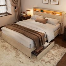 Upholstered Bed, LED Light Bed with Four Storage Drawers, Slatted Frame, Mattress Not Included, Linen, Beige, King Bed(5ft,150200 cm)