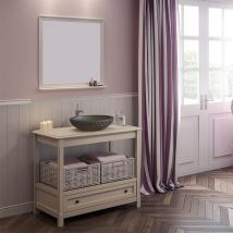 Boho - Mobile da lavabo 100 cm in legno bianco invecchiato con piano, 1 cassetto e 2 cestelli - Pratico e chic