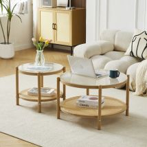 Boho Rattan Coffee Table Set Of 2 - Round Glass & Metal 2-tier Center Table, Modern Simple Middle Table For Small Space Living Room Bedroom Office 