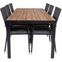 Bois Ensemble table et chaises de jardin, table 90x205cm et 6 chaises Anna, noir, naturel.