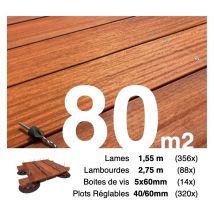 Promo Kit complet terrasse bois exotique padouk pour 80 m² • Lames 1,55 m, lambourdes 3,3 m, plots réglables et visserie Inox • Livraison gratuite