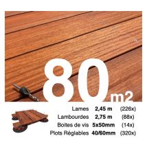 Promo Kit complet terrasse bois exotique padouk pour 80 m² • Lames 2,45 m, lambourdes 3,3 m, plots réglables et visserie Inox • Livraison gratuite