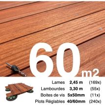 Promo Kit complet terrasse bois exotique padouk pour 60 m² • Lames 2,45 m, lambourdes 3,3 m, plots réglables et visserie Inox • Livraison gratuite