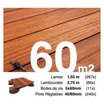 Promo Kit complet terrasse bois exotique padouk pour 60 m² • Lames 1,55 m, lambourdes 3,3 m, plots réglables et visserie Inox • Livraison gratuite