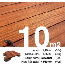 Kit complet terrasse bois exotique padouk pour 10 m² • Lames 1,25 m, lambourdes 3,3 m, plots réglables et visserie Inox • Livraison gratuite