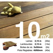 Kit complet terrasse bois exotique IPE pour 10 m² • Lames 2,15 m, lambourdes 3,3 m, plots réglables et visserie Inox • Livraison gratuite