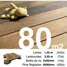 PROMO Kit complet terrasse bois exotique IPE pour 80 m² • Lames 1,25 m, lambourdes 3,3 m, plots réglables et visserie Inox • Livraison gratuite