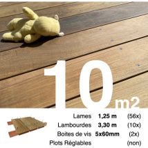 Promo Kit terrasse bois exotique ipe pour 10 m² • Lames 1,25 m, lambourdes 3,3 m et visserie Inox • Livraison gratuite