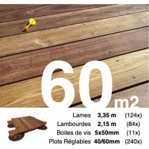 Promo Kit complet terrasse bois exotique cumaru pour 60 m² • Lames 3,35 m, lambourdes 3,3 m, plots réglables et visserie Inox • Livraison gratuite