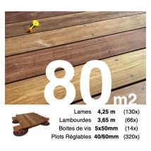 Promo Kit complet terrasse bois exotique cumaru pour 80 m² • Lames 4,25 m, lambourdes 3,3 m, plots réglables et visserie Inox • Livraison gratuite