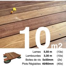 Kit complet terrasse bois exotique cumaru pour 10 m² • Lames 5,5 m, lambourdes 3,3 m, plots réglables et visserie Inox • Livraison gratuite