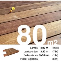 Promo Kit terrasse bois exotique cumaru pour 80 m² • Lames 4,9 m, lambourdes 3,3 m et visserie Inox • Livraison gratuite
