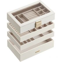 Boîte à Bijoux avec 4 Plateaux Empilables, Coffret à Bijoux Spacieux, Couvercle en Verre, 17 x 28 x 18,3 cm, pour Tiroir, Coiffeuse, Blanc Nuage