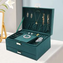 Boîte à bijoux avec serrure pour femmes, Boîte de rangement à 3 couches pour montres, colliers et bagues en flanelle verte