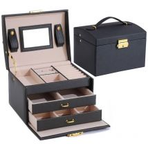 Tuserxln - Boîte à Bijoux, Coffret pour Bijoux Boîte à Maquillage Bijoux et cosmétique Beauty Case à 3 Couches en Simili Cuir avec 2 Tiroirs, Noir