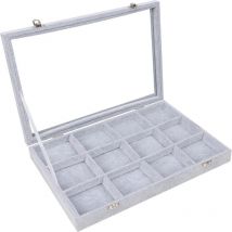 Boite a Bijoux en Velours Gris avec 12 Sections et Couvercle en Verre - Boîte à Bijoux Empilable et Modulable pour Bagues, Colliers, Bracelets,