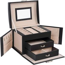 Boîte à Bijoux, Mallette à Bijoux, Coffret à Bijoux de Voyage, Organisateur de Bijoux Portable, avec 2 tiroirs, Miroir, Serrure et clés, Cadeau Noel,