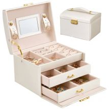 Lauwexe - Boite a Bijoux pour femme avec miroir, boîte à bijoux en cuir à 2 tiroirs, coffre à bijoux verrouillable doublure en velours rangement pour