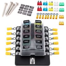 Decdeal - Boîte à fusibles 12 voies (bornes à vis) avec led d'avertissement +10pcs Blocs de fusibles (10A2,15A2,20A2 25A2,30A2) +10 Bornes jaunes +
