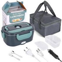 Boite a Lunch chauffante 60W Boite a Repas1,6L Lunch Box chauffante electrique 12V/24V/220V avec cuillere et Deux compartiments