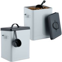 Boîte de conservation, lot de 2, 5,5 l, couvercle & cuillère, fer, pour croquettes, blanc - anthracite - Relaxdays