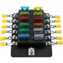Boîte de Fusibles à Lames de 12 Manières avec led - Inclus 10 Fusibles et Bornes - Convient pour Bateau, Caravane, Marine, 12V et 24V