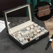 Boîte de rangement pour montres avec 12 grilles en cuir pu, velours et verre véritable.