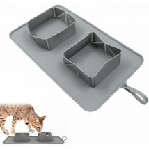 Ensoleille - Bol pour animaux de compagnie pliable en silicone anti-dérapant chien double bol poche polaire chien bol portable en plein air chien bol