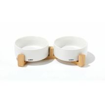 Bols Céramique Avec Support En Bambou 2x350 Ml - Mpets - Opera - Blanc