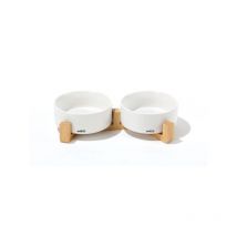 Bols céramique avec support en bambou 2x350 ml - Mpets - opera - Blanc