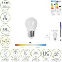 Maurer - Bombilla Led Esfera Rosca E27. 6.5 Watt. Equivale a 50 Watt. 806 Lumenes. Luz Neutra 4000o k.