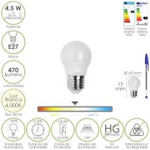 Bombilla led esferica rosca e27 4.5 watt. equivale a 55 watt. 470 lumenes. luz neutra (4000o k)