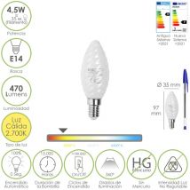 Bombilla Led Filamento Vela Esmerilada E14. 4,5 Watt. Equivale A 35 Watt. 470 Lumenes. Luz Calida 2700o K.