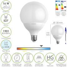 Bombilla Led Globo Rosca E27. 16 Watt. Equivale a 130 Watt. 1901 Lumenes. Luz Fria 6500o k.
