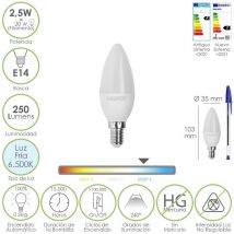 Bombilla led vela e14. 2,5 watt. equivale a 20 watt. 250 lumenes. luz fria 6500o k.