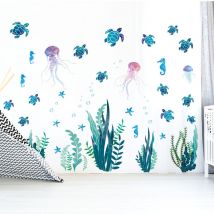 Under The Sea Stickers Muraux Tortue De Mer Stickers Muraux Herbe De L'Océan Coloré Algues Autocollant Bulles Vinyle Sticker Mural Mer Décoration