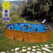GRE - Piscina ovale con parete in acciaio e foglia finto legno 500x300x120 cm - Rivestimento in pvc blu - Filtro a sabbia 4 m3/h - Sca