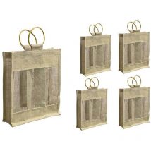Borsa a tre portabottiglia in telo juta con manici in legno x 5 pezzi