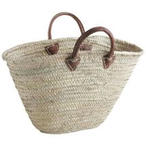 Borsa da spiaggia in cestino intrecciato con foglie di palma naturale e manici in pelle